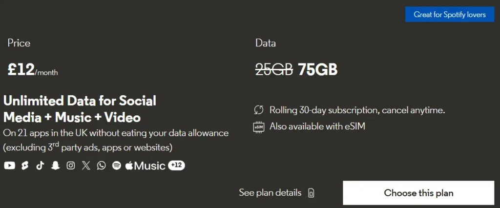 Screenshot of VOXI Mobile Pricing Plan on Its Official Website