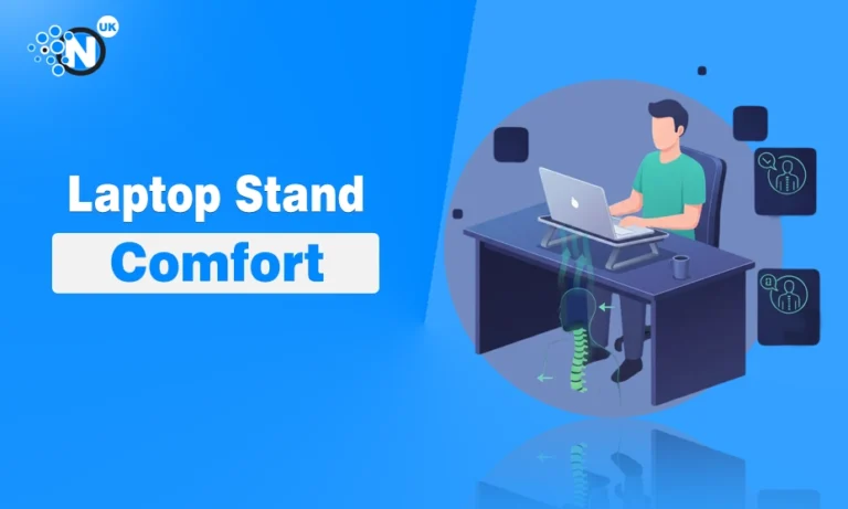 Laptop Stand: The Simple Upgrade That Makes Working on a Laptop Feel 10x Better Illustration of a person using a laptop on an ergonomic stand at a desk for a comfort guide.