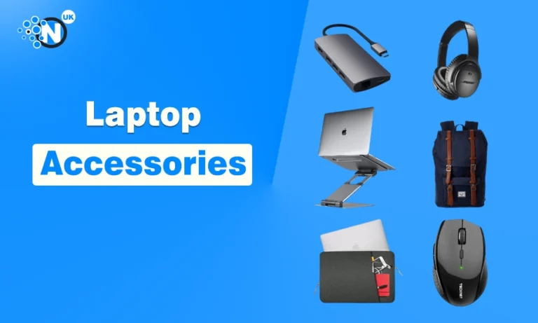 Top Laptop Accessories Picks: Must-Have Gadgets for Work, Study & Productivity Collage of essential laptop accessories including a stand, mouse, and headphones on a blue background.