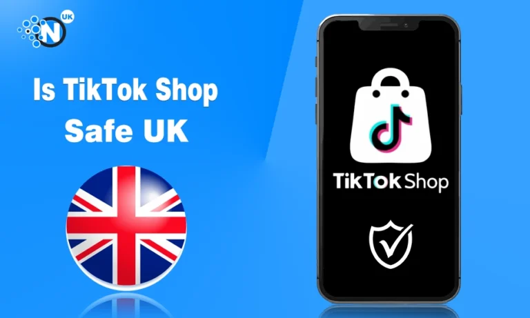 TikTok Shop UK safety guide graphic with verification icons and text "is TikTok Shop safe? (uk)".