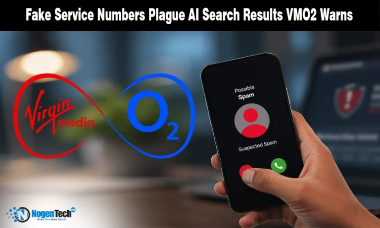 Smartphone showing a scam call warning alongside the VMO2 logo for a news report