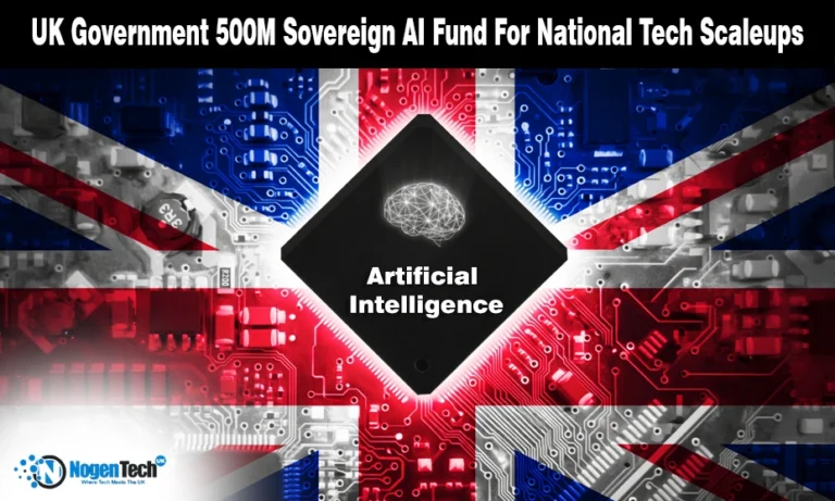 UK flag and Parliament building on a tech news graphic announcing a 500M Sovereign AI Fund
