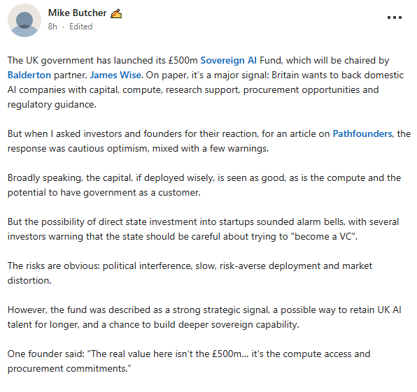 Mike Butcher Linkedin Post