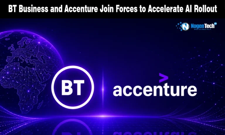 BT Business and Accenture Announce Multi-Year Strategic AI Partnership BT and Accenture company logos displayed side-by-side against a purple digital world map background on a tech banner for nogentech.co.uk.