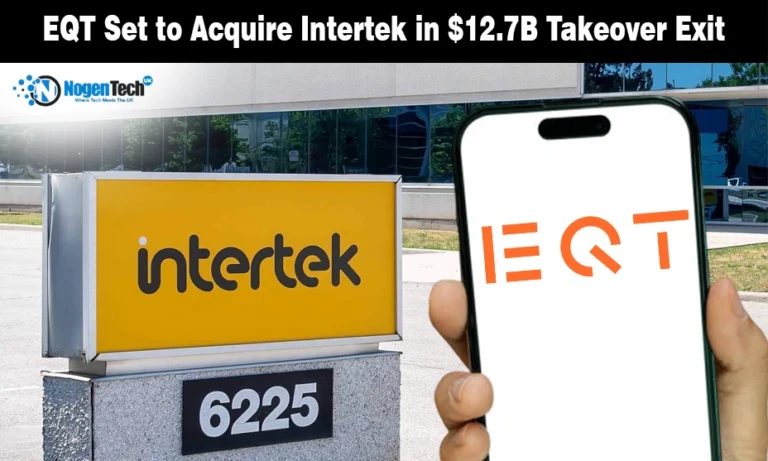 Intertek Set to Accept EQT’s £9.4 Billion Takeover What It Means for UK Product Testing Technology Intertek corporate sign and a smartphone showing the EQT logo on a financial news banner.