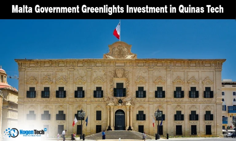 UK Semiconductor Pioneer Quinas Technology Secures Investment to Scale ULTRARAM Production The Auberge de Castille building in Malta on a news graphic announcing government investment in Quinas Tech.