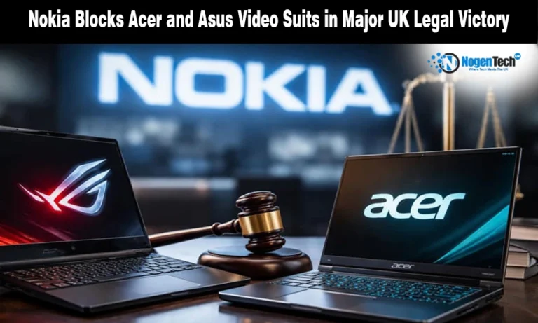 Nokia logo and judge's gavel next to Acer and Asus laptops on a legal news banner.