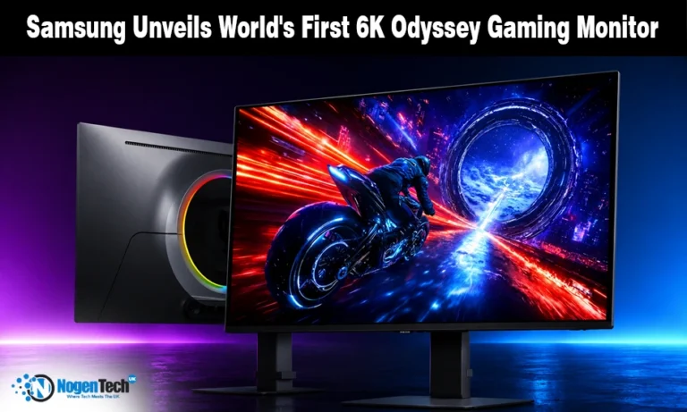 Samsung 6K Odyssey curved monitor displaying a racing game next to its illuminated rear panel on a tech banner for nogentech.co.uk.