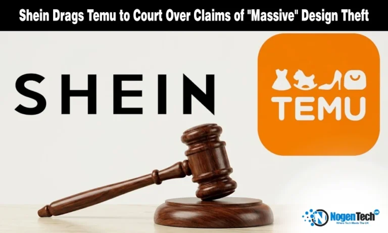 Shein Accuses Temu of ‘Industrial Scale’ Copyright Breaches at London’s High Court A judge's gavel between the Shein and Temu logos on a legal news.