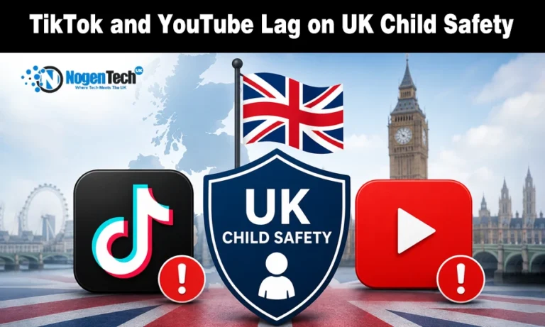 Ofcom Criticises TikTok and YouTube Algorithms, Stating Platform Feeds Are Still Not Safe Enough For UK Children YouTube and TikTok logos next to a child protection shield icon on a digital safety banner for nogentech.co.uk.