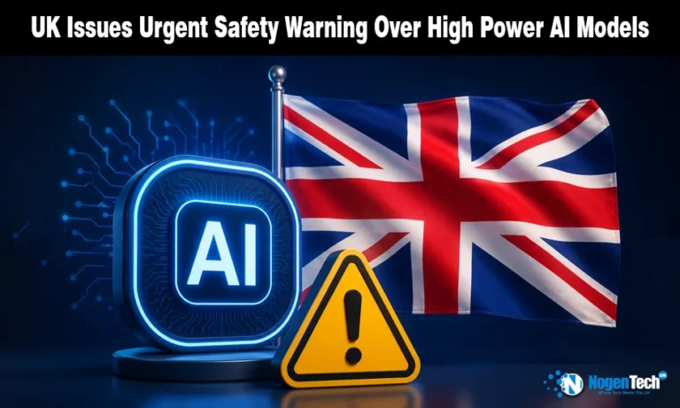 UK Financial Authorities Warn Firms to Limit Risks From Frontier AI Models Glowing AI icon and a warning sign in front of a UK flag on a tech news banner for nogentech.co.uk.