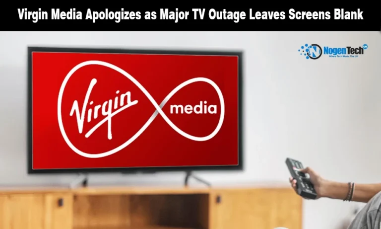 Virgin Media O2 Issues Formal Apology After Major Nationwide Service Outage Virgin Media logo on a TV screen with a hand holding a remote on a news banner for theandroidnews.com.
