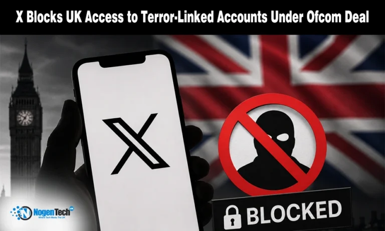 X Reaches Agreement With Ofcom to Block UK Access to Accounts Linked to Proscribed Organisations Smartphone with the X logo next to a blocked icon and the UK flag on a news banner for nogentech.co.uk.