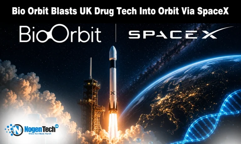 London Startup BioOrbit Sends Drug-Making Hardware to Space via SpaceX to Tackle Cancer Treatment A SpaceX rocket lifting off next to the Earth's orbit and a DNA strand on a biotech banner for nogentech.co.uk.