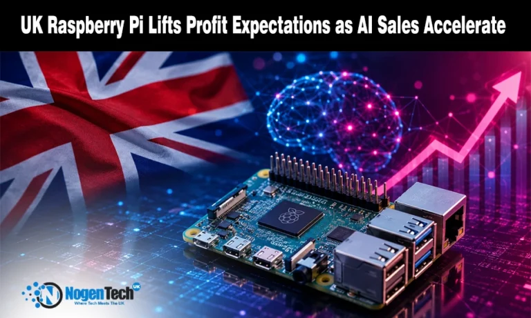Raspberry Pi Lifts Full-Year Profit Expectations Following Global AI Surge Raspberry Pi computer board with a glowing digital brain icon next to a rising financial growth chart on a UK tech news banner for nogentech.co.uk.