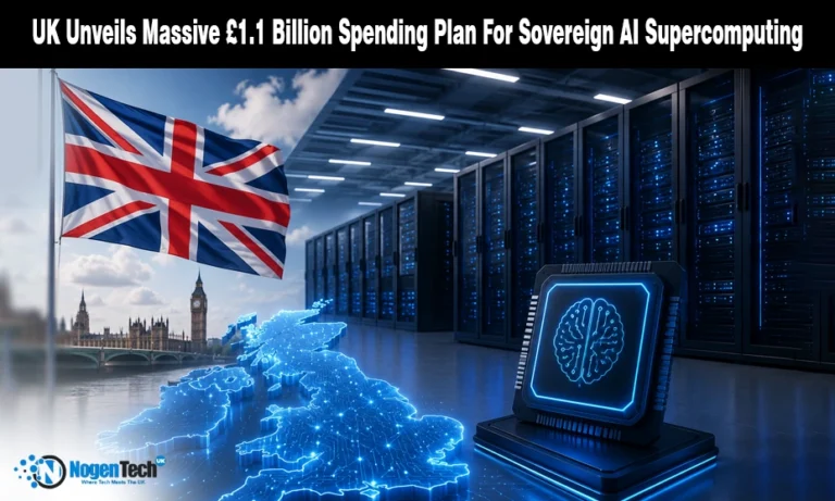 UK Unveils £1.1 Billion AI Hardware Plan at London Tech Week: Supercomputer, Chips, and a Sovereign Computing Push UK unveils massive £1.1 billion spending plan for sovereign AI supercomputing featured banner for NogenTech UK.