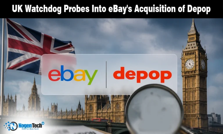 The logos of eBay and Depop behind a magnifying glass with Big Ben and the UK flag on a regulatory news banner for nogentech.co.uk.