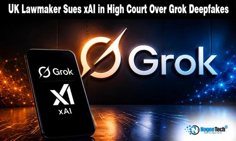 Labour MP Takes Elon Musk’s xAI to the High Court Over Grok’s Deepfakes Grok and xAI logos with a smartphone showing AI branding on a dark backdrop.