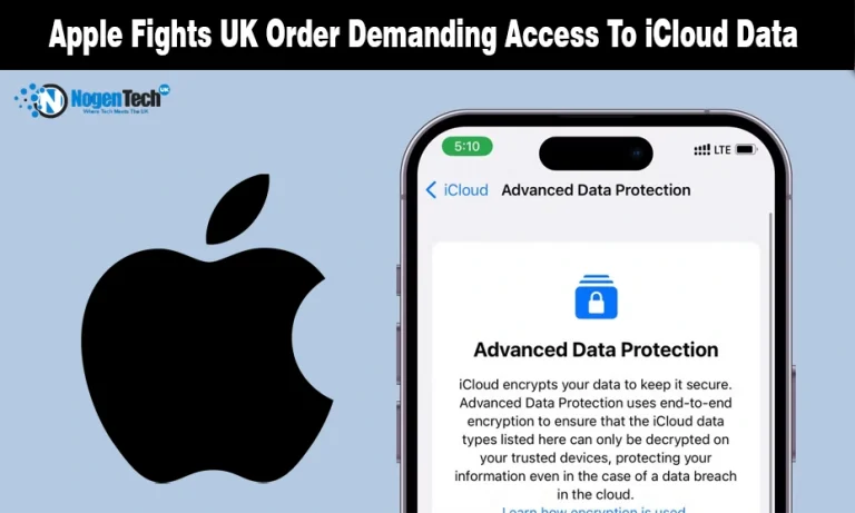 Apple Launches Fresh Legal Challenge Against UK’s Secret Data Access Demand iPhone screen showing iCloud Advanced Data Protection settings next to the black Apple logo.