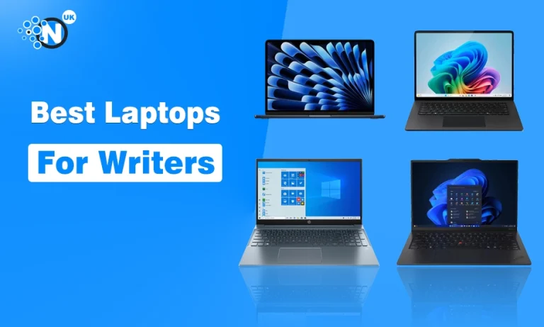 Best Laptops for Writers in 2026: 7 Picks for Every Budget Four modern laptops displayed on a light blue background with NogenTech branding.
