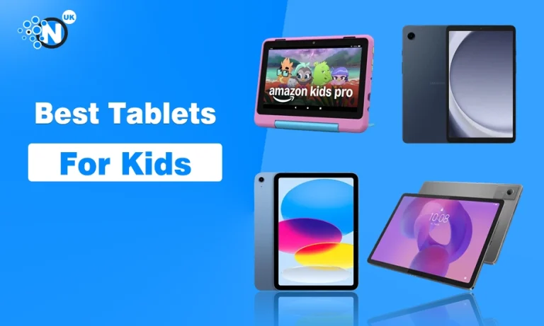 Best Tablets for Kids in 2026: 7 Picks for Every Age Four different kid-friendly tablets displayed on a blue background with NogenTech branding.