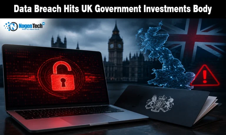 UK’s State Investment Agency Hit by Data Breach Exposing Officials’ Details Laptop displaying a red unlocked padlock icon next to a digital UK map with a warning sign.