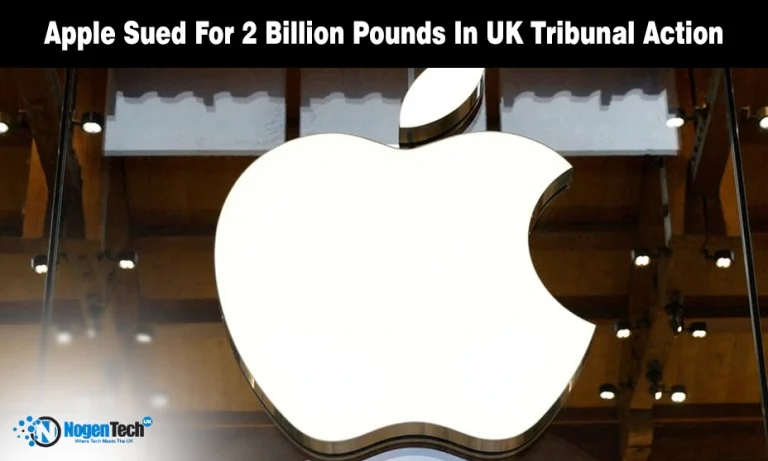 Large white glowing Apple logo on a glass store facade.