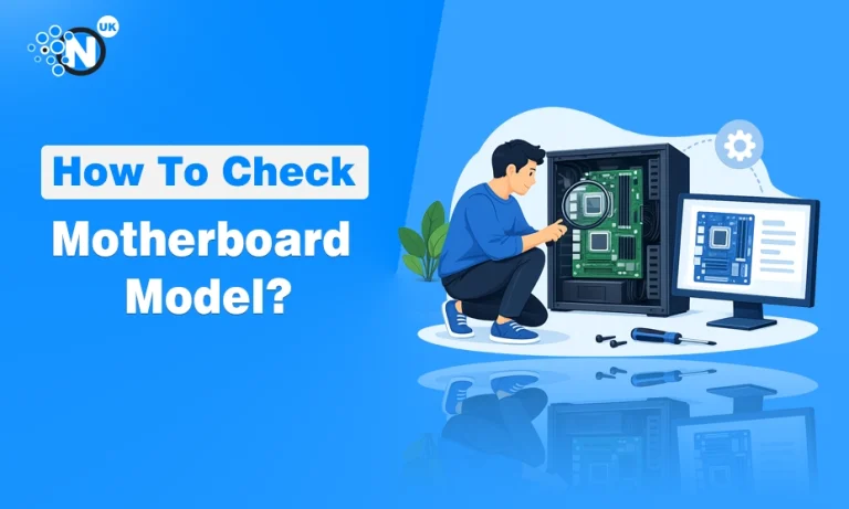 How to Check Motherboard Model in Windows 11 Vector illustration of a technician inspecting a computer motherboard with a magnifying glass.