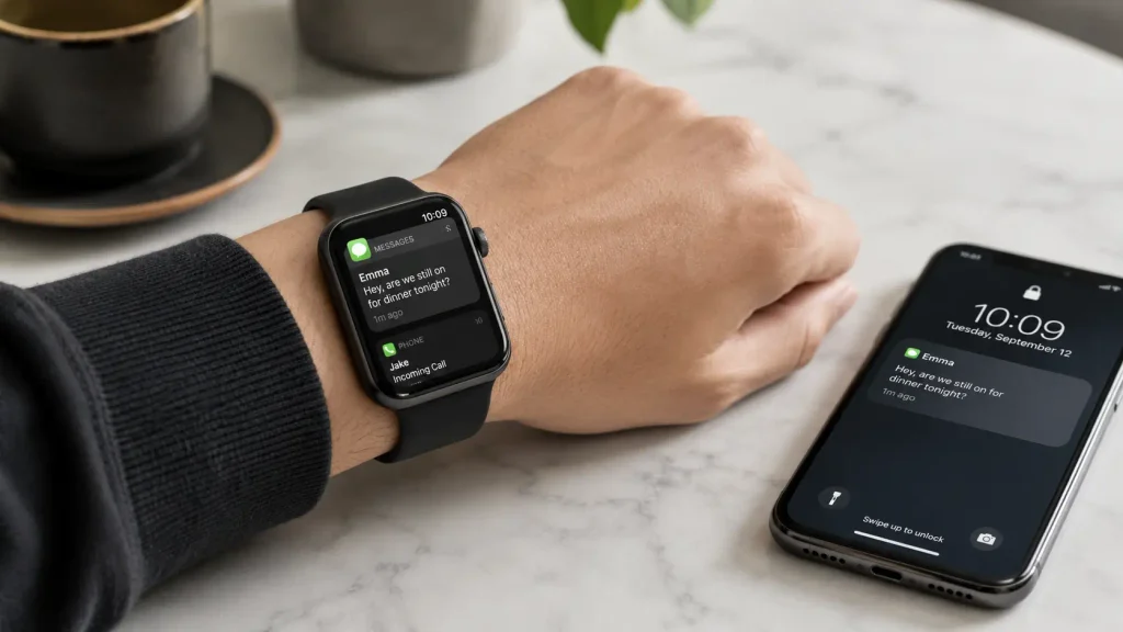 Smartwatch connected to a smartphone showing wrist notifications.
