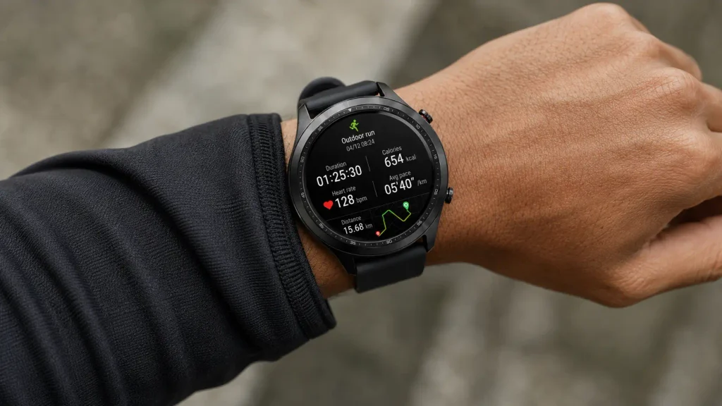 Smartwatch displaying fitness tracking and heart-rate data